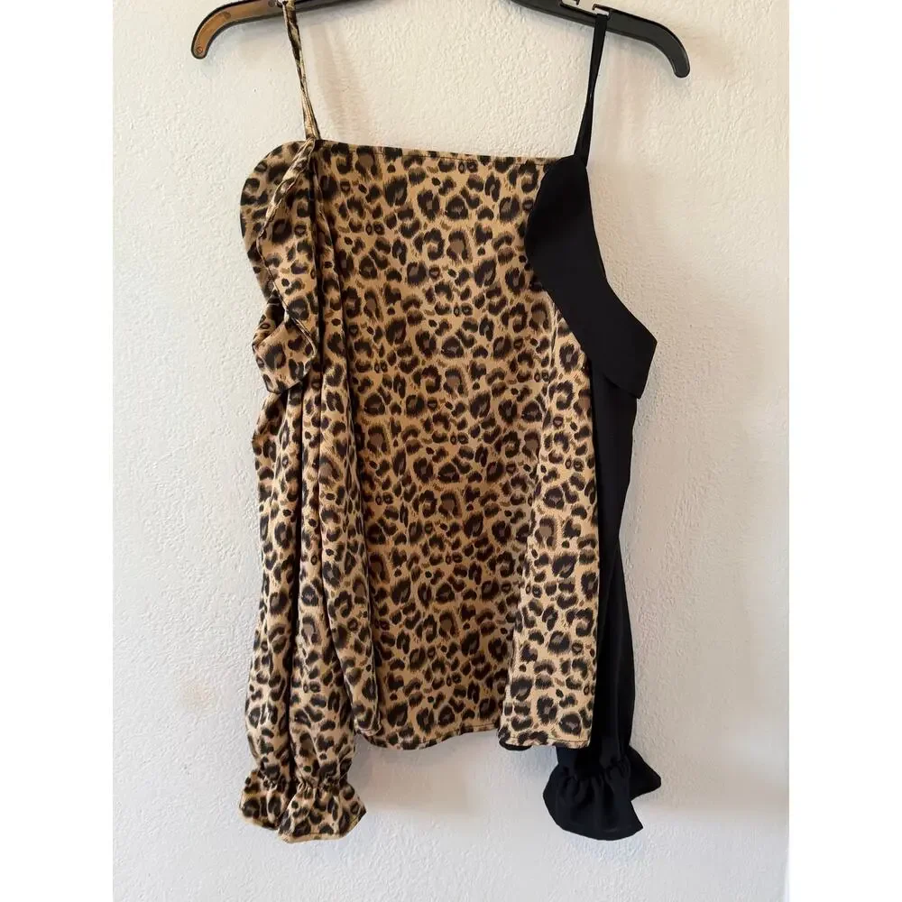 Women's Shein Black Animal Print Open Shoulders Sexy Top Shirt Blouse Sz XL - Picture 2 of 4
